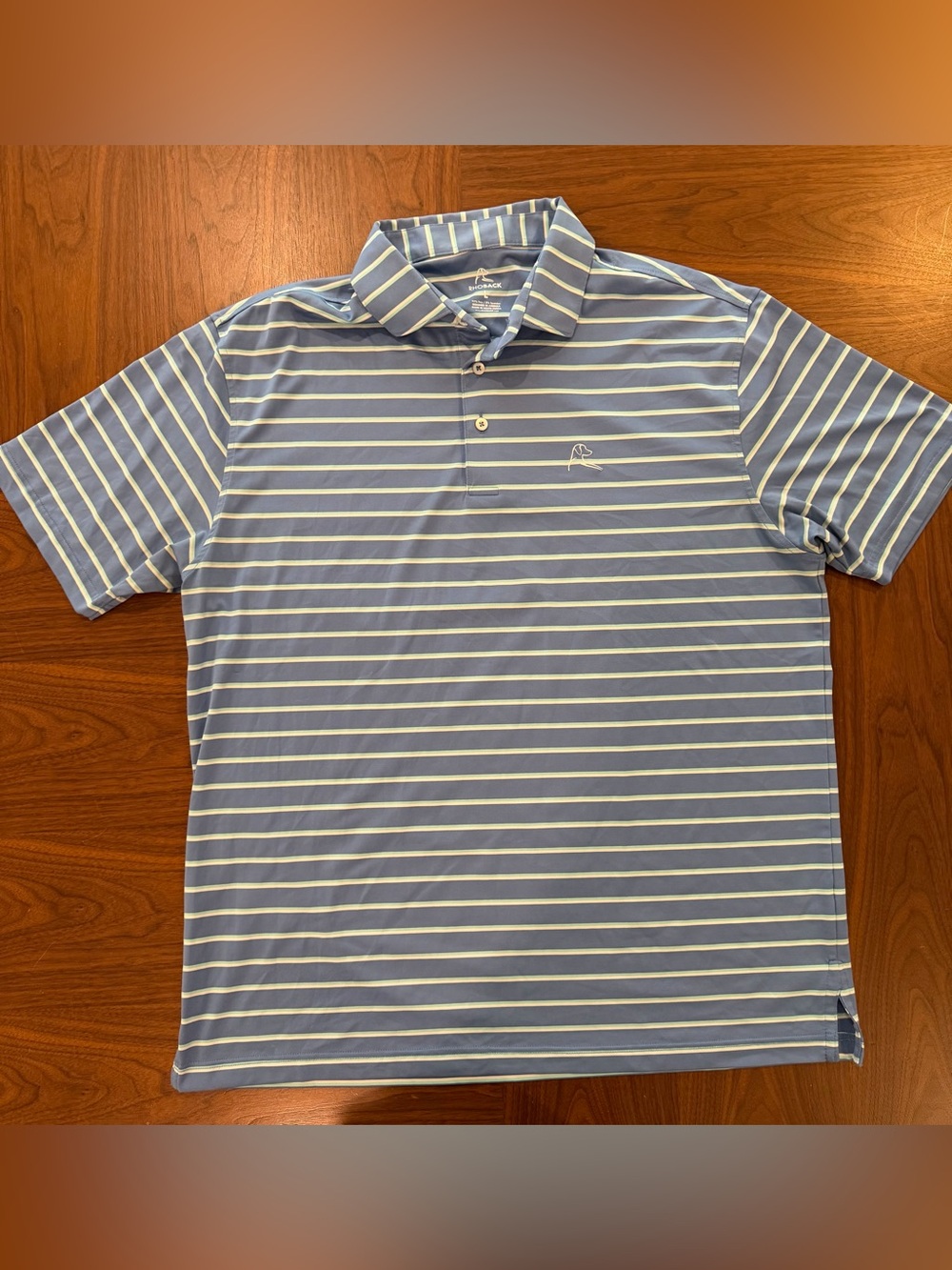 Rhoback Men’s Blue Performance Polo with Green and White Stripes Size Large